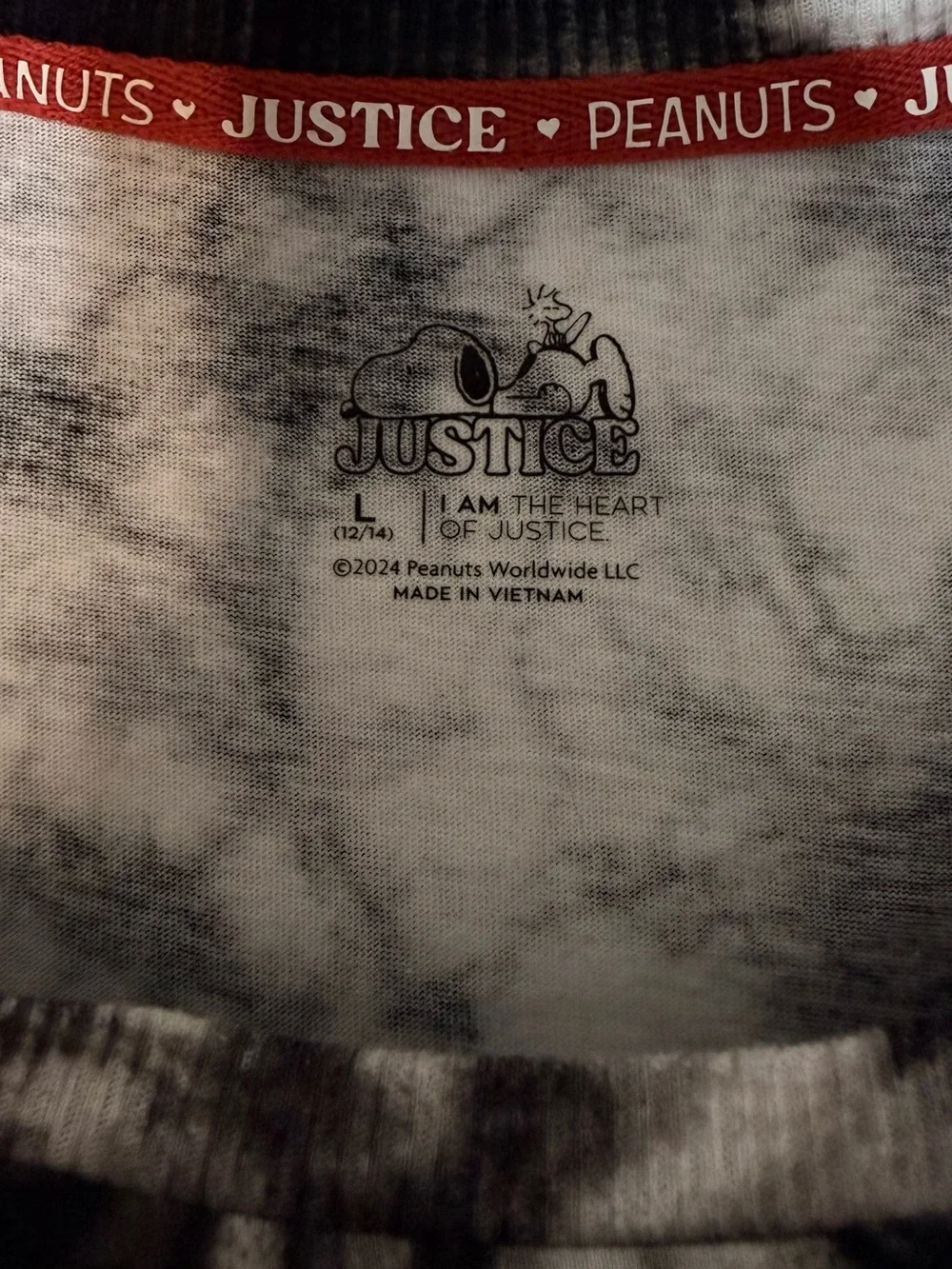 Justice Snoopy SZ 12/14 Black & White Tie-dye Short Sleeve Tee Cotton Peanuts